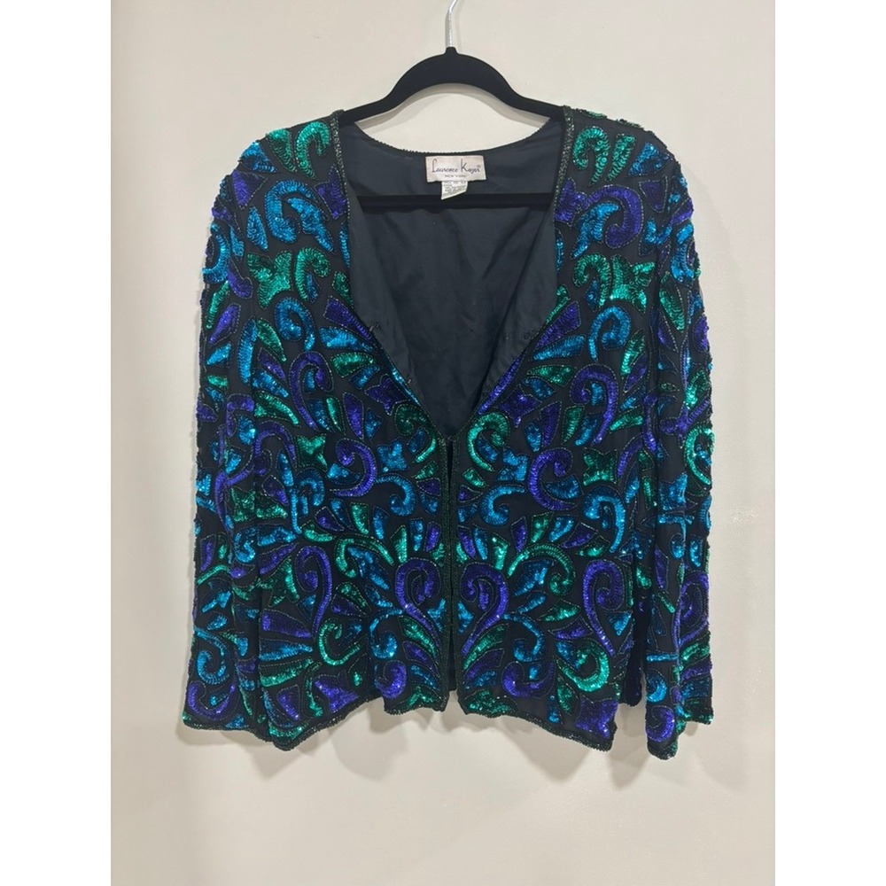 Laurence Kazar Silk Sequin Jacket XXL Blue Green Beaded Evening Top‎